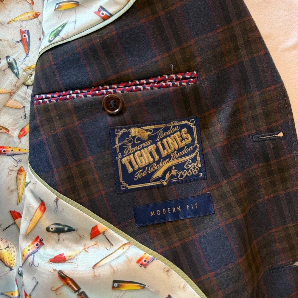 Ted Baker Tight Lines Blazer 38R Blue Brown Plaid Windowpane Preppy Sport Coat